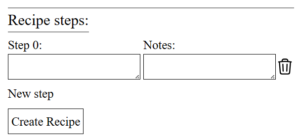 The form but now with more fields for editing a recipe step after New step was clicked