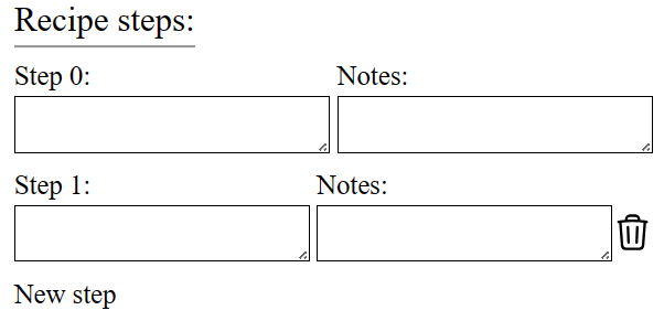 The form but now with 2 steps that can be edited for the recipe after New step was clicked a second time