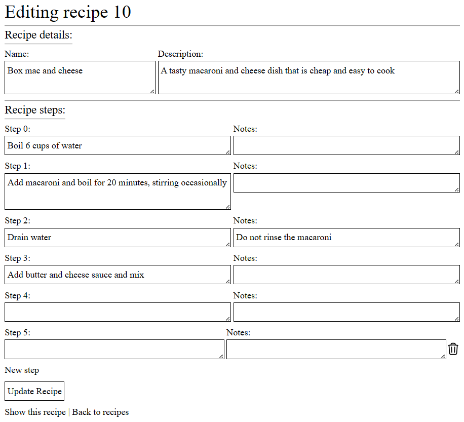 The form being used to edit a recipe