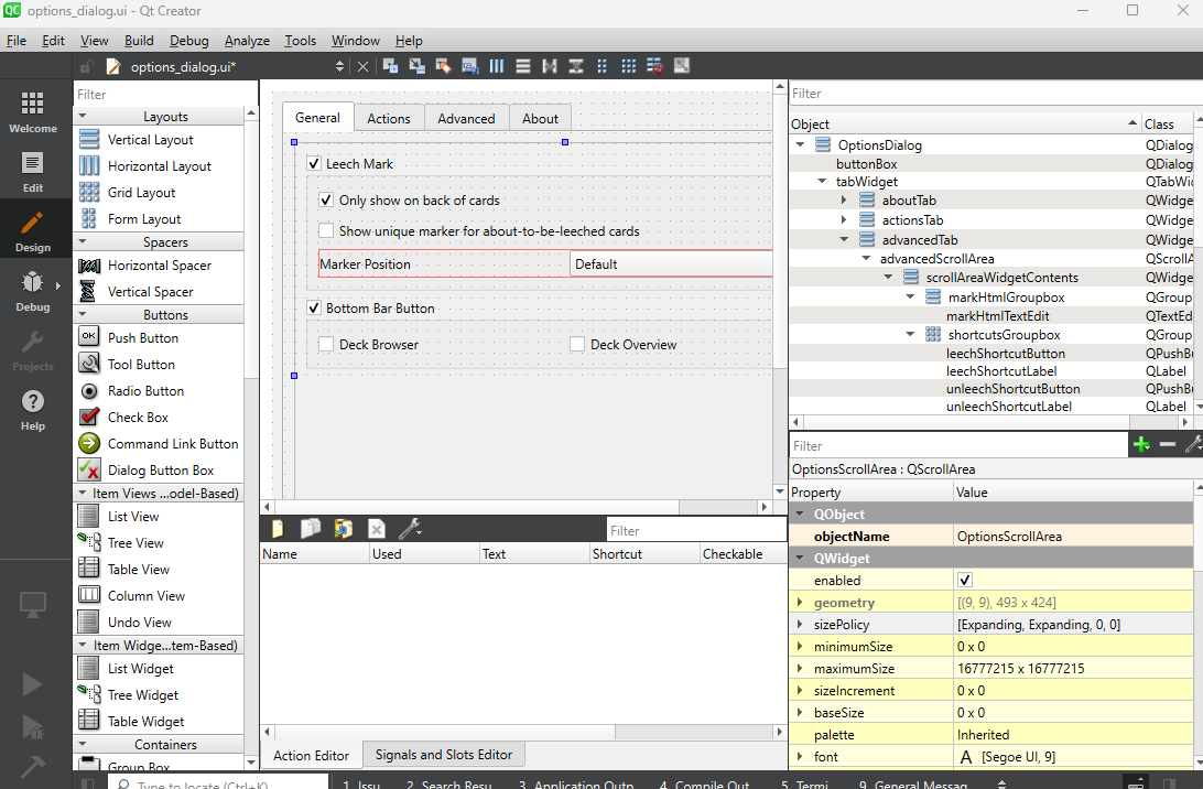 Image showing Qt Creator and editing a .ui file