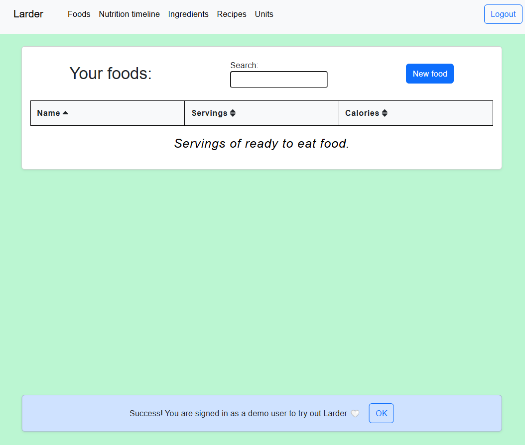 Foods page of Larder seen after trying demo