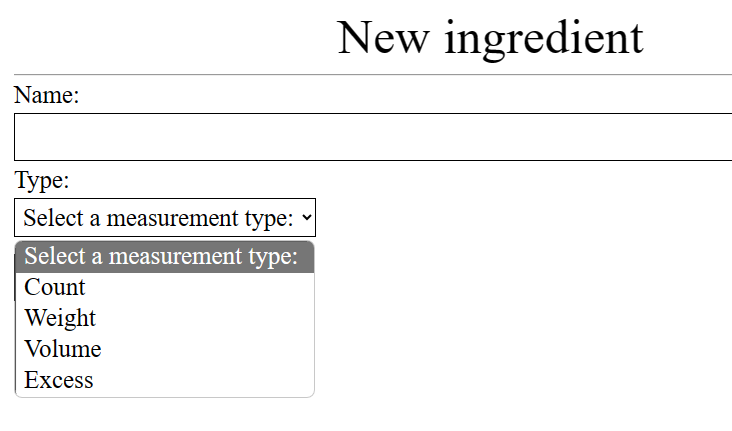 Form to create an ingrediant